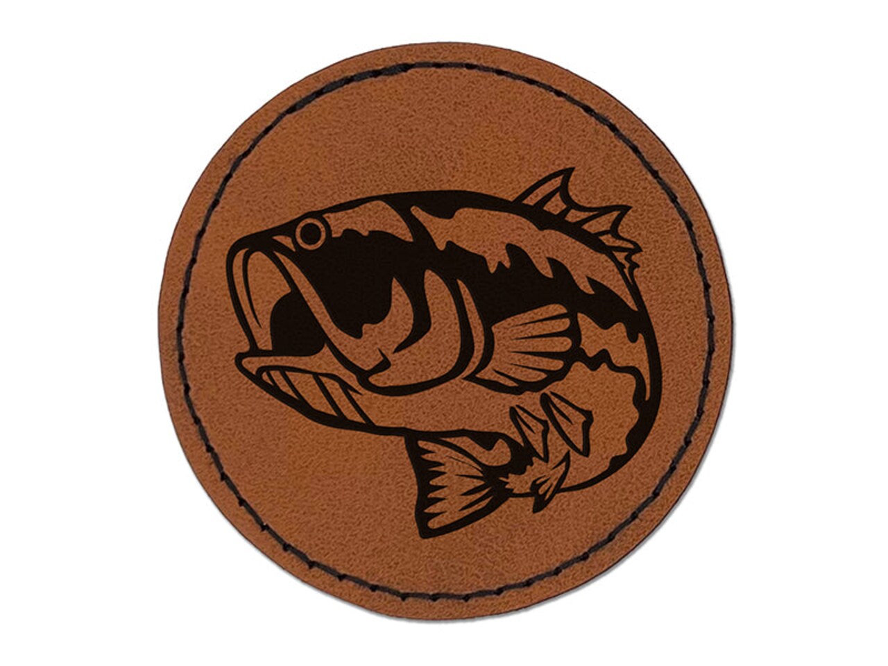 Largemouth Bass Fish Fishing Round Iron-On Engraved Faux Leather Patch  Applique - 2.5